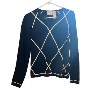 Liz Claiborne Lizsport Navy Knit Sweater White Geometric Trim Women’s M